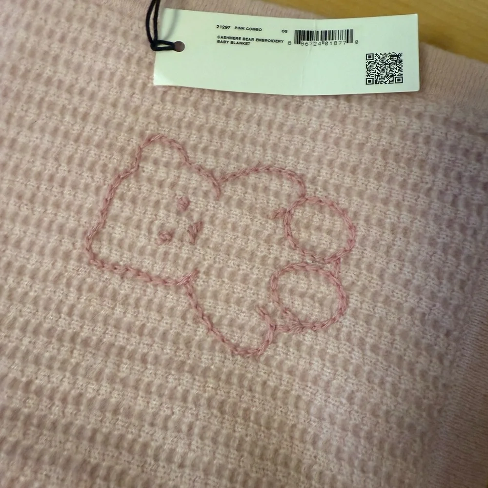White + Warren Baby Cashmere Blanket Pink Embroidered Bear 100% Cashmere